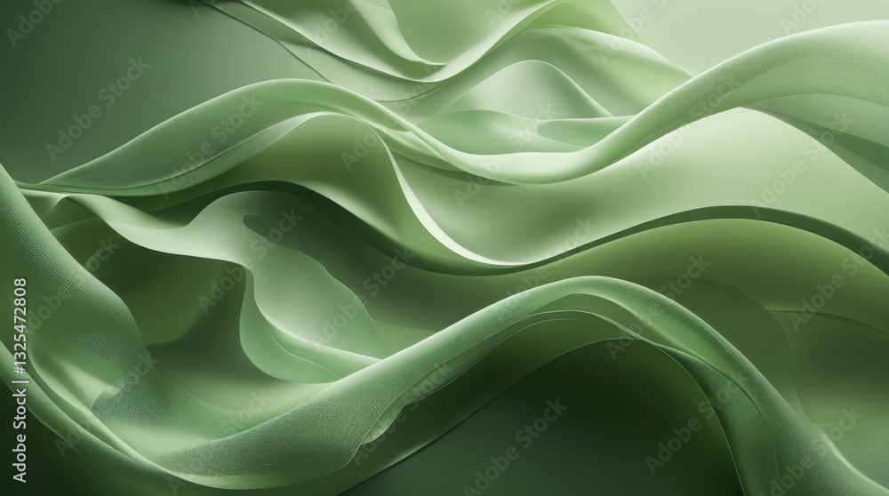 Poster an artistic moss-green background with layered translucent shapes, resembling flowing fabric. soft, 