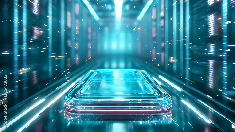 Poster futuristic technology showcase data center digital art high-tech environment dynamic perspective inn