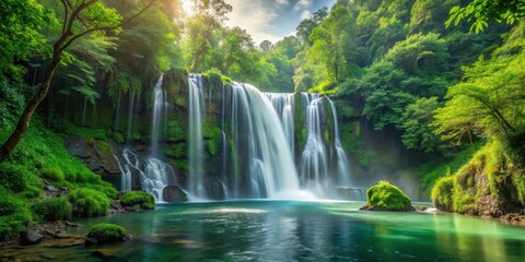 Stunning waterfall surrounded by lush green forest, nature, serene,  nature, serene, forest
