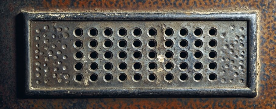 Close up of a metal vent with many circular holes