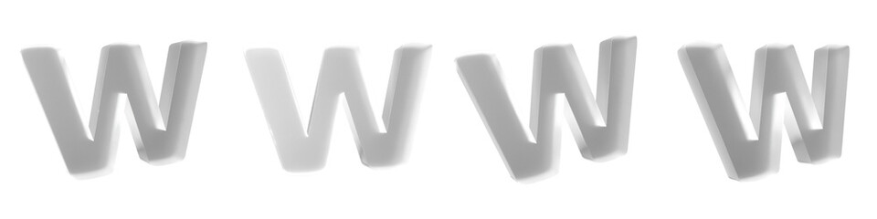 Set of 4 3d white frosted glass of letter w shapes isolated on a transparent background. Lower case. 3d education elements for graphic design.