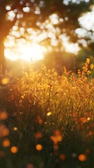 A sunlit meadow filled with golden flowers, creating a serene and peaceful atmosphere.