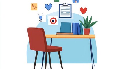 Cozy Workspace with Medical Icons and Green Plant in Illustration