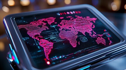 Global Digital Map with Red Data Points on Futuristic Screen