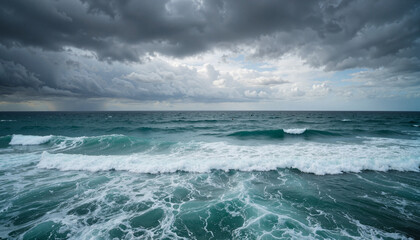 Fototapeta premium Dramatic ocean waves crashing under stormy clouds, nature's power