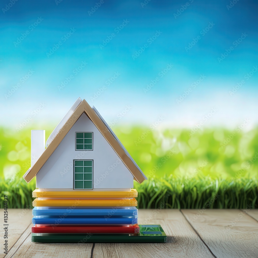 Poster imaginative house perched on a stack of colorful books representing the power of knowledge and imagi
