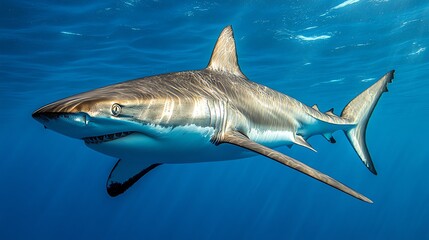 Obraz premium Great White Shark Swimming Underwater in Ocean with Sun Rays