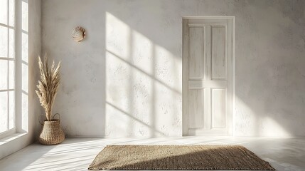 Sunlit Interior Room Scene with White Walls, Door, and Jute Rug.