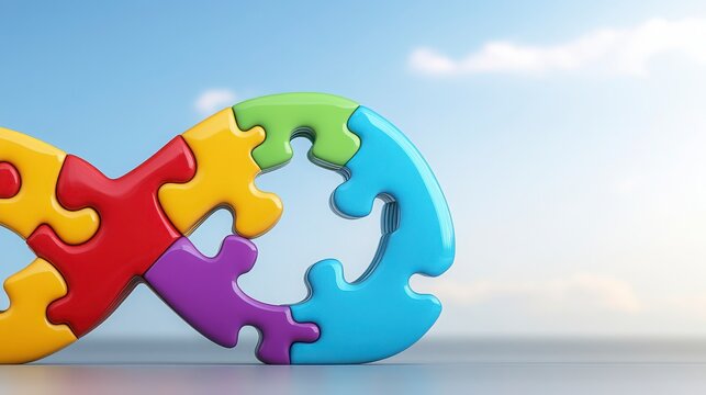Colorful Puzzle Pieces Forming Infinity Symbol Against Sky Background - Powered by Adobe