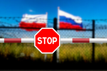 Polish-Russian border, flags and barbed wire