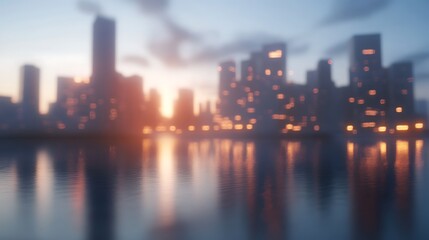 Fototapeta premium A blurred cityscape at sunset, reflecting lights on water, creating a serene atmosphere.