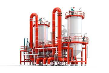 Obraz premium A complex industrial structure with large silos and interconnected pipes, showcasing a modern manufacturing setup.