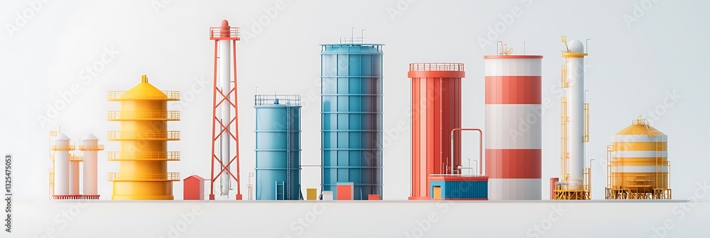 Poster a colorful array of industrial storage tanks and silos in various shapes and sizes, representing a m