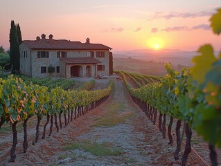 Sunset Over Vineyard in Picturesque Tuscan Landscape