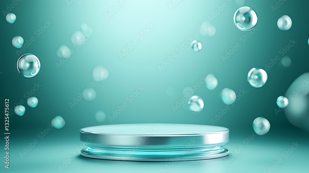 Poster bubbling action scene with glass surface studio setting 3d product visualization calm atmosphere cre
