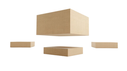 Four cardboard boxes floating on transparent background