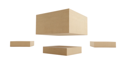 Four cardboard boxes floating on transparent background
