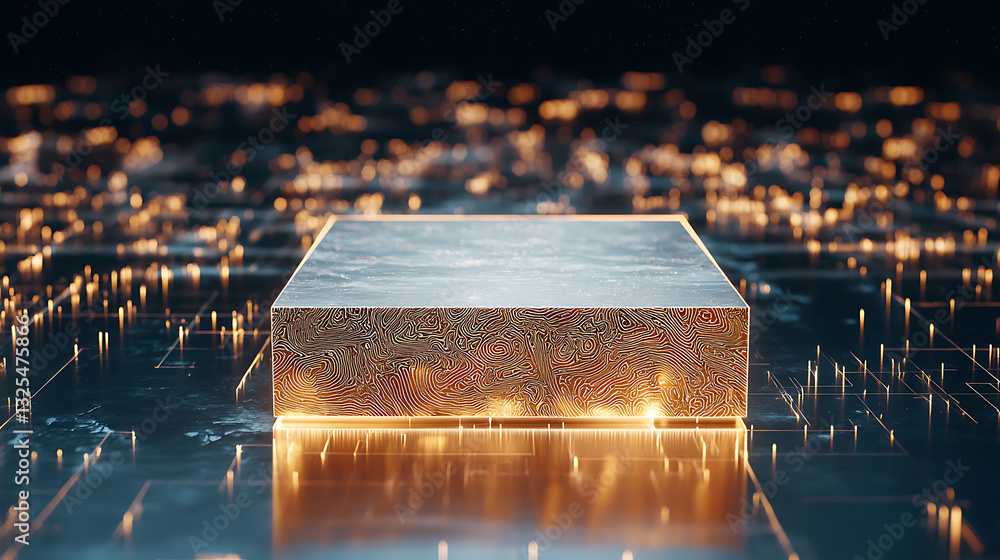 Poster illuminated golden block on digital circuitry futuristic environment 3d render technology concept