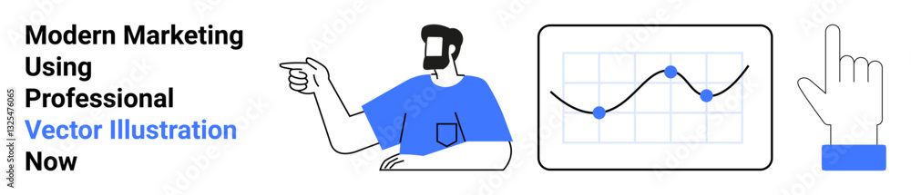 Poster man gesturing towards graph with data points, bar chart depiction, and a hand tap symbol. ideal for 