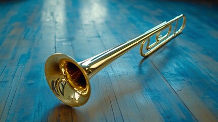 Naklejka premium Golden Trombone on Wooden Floor Surface in Bright Lighting