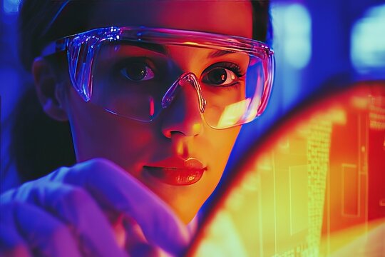 A woman in a cleanroom suit handles a microchip with precision, testing its performance in a semiconductor lab. Her expertise drives technological innovation.