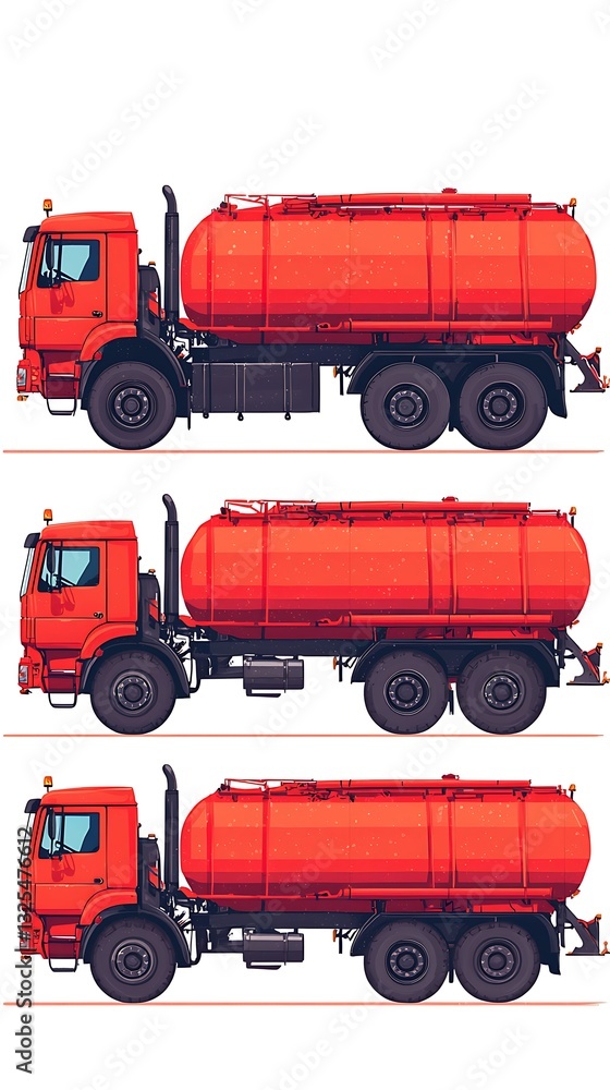 Poster a vibrant red tanker truck displayed in three segments, highlighting its robust design and functiona