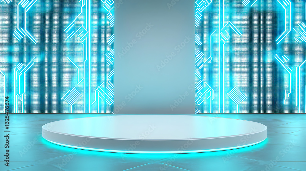 Aufkleber futuristic digital stage setup virtual event presentation space neon technology environment 3d view 
