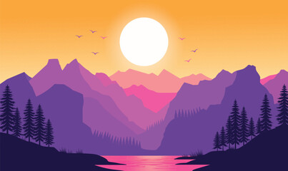 Beautiful Mountains River Nature Landscape with Canyon and Sun at Sunset Sunrise