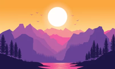 Fototapete Rund Beautiful Mountains River Nature Landscape with Canyon and Sun at Sunset Sunrise © jongjawi