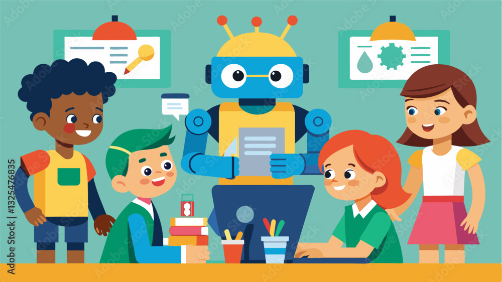 Aufkleber in the classroom a group of elementary students work together to brainstorm ideas for a robot that c