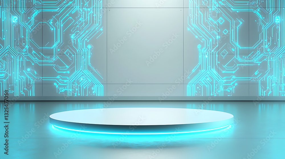 Poster illuminated technology stage setup modern studio digital display futuristic environment elevated vie
