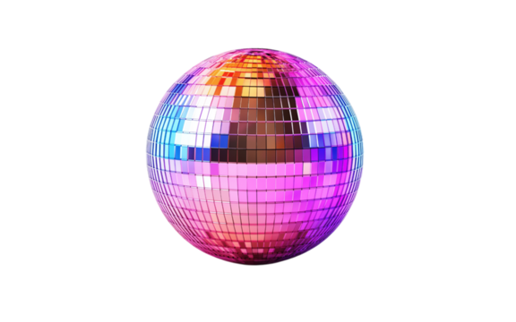 Colorful disco ball rotating and reflecting light on transparent background