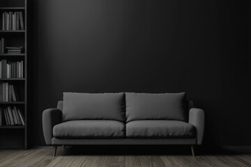 Dark grey sofa in minimalist room with bookshelf.