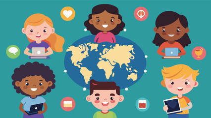 Children from different countries and backgrounds virtually connecting through coding forming friendships and learning together at the online camp.. Vector illustration