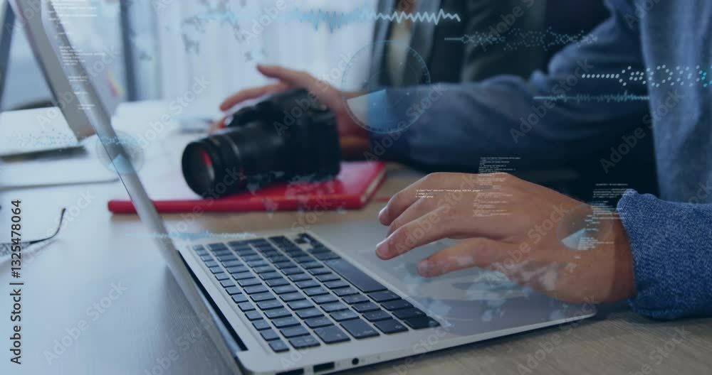 Aufkleber typing on laptop with camera, digital data animation overlaying screen