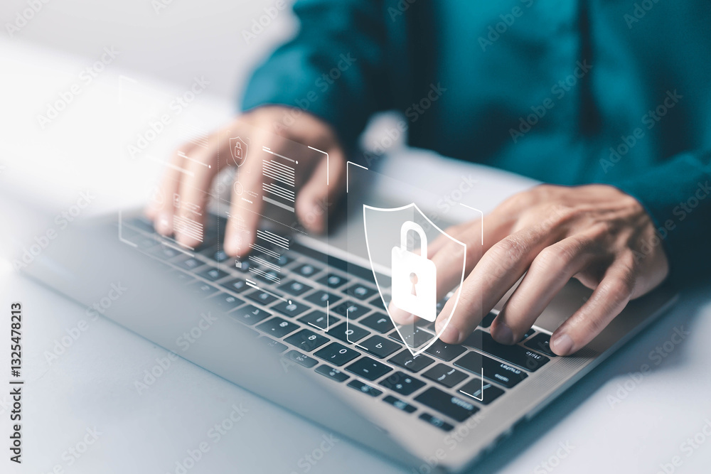 Poster laptop shows the icon lock shield for cybersecurity. concept of secure privacy data, protect cybercr