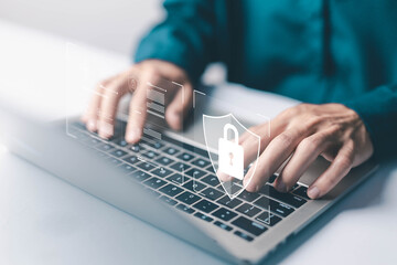 laptop shows the icon lock shield for cybersecurity. concept of secure privacy data, protect...