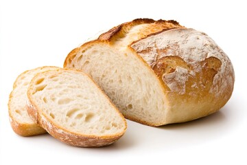 Naklejka premium Freshly baked loaf of bread showing its crumb and slices on white background