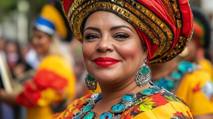 Fototapeta premium Vibrant Woman in Traditional Costume with Colorful Headpiece