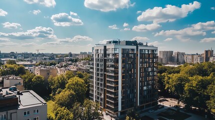 Fototapeta premium A modern residential building surrounded by trees under a bright blue sky with fluffy clouds in a vibrant urban landscape.