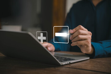 icon plus and minus, Compare positive and negative. concept of decision select pros or cons in business, good vs bad. Select the minus symbol  