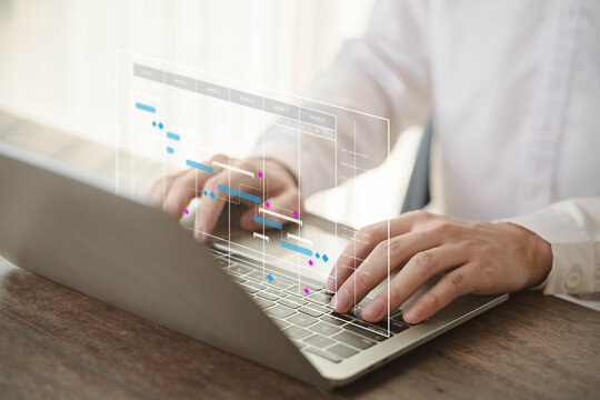 Milestones management shows a Gantt timeline chart. Concept of managing business project plans in software, organizing schedules in digital calendars. progress planner, work update, diagram design