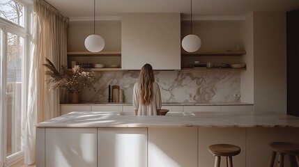 Serene Minimalist Kitchen Interior with Woman. A calm and stylish scene showcasing a modern kitchen design with natural light and neutral tones.