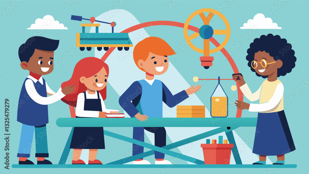 Poster in a stem lab elementary students work together to construct a model roller coaster testing the laws