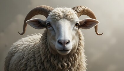 Close-up Portrait of a Ram with Large Horns Against Cloudy Sky