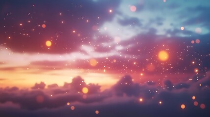 Naklejka premium A dreamy sky filled with colorful clouds and glowing particles at sunset.