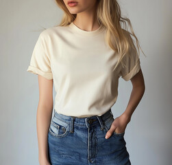 Cream T Shirt, Blue Jeans, Blonde Hair, Fashion Model, Casual Style, Summer Outfit, Soft Colors, Mini
