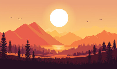 Fototapeta premium Peaceful Mountains Nature Landscape with River View and Sun at Sunset Sunrise