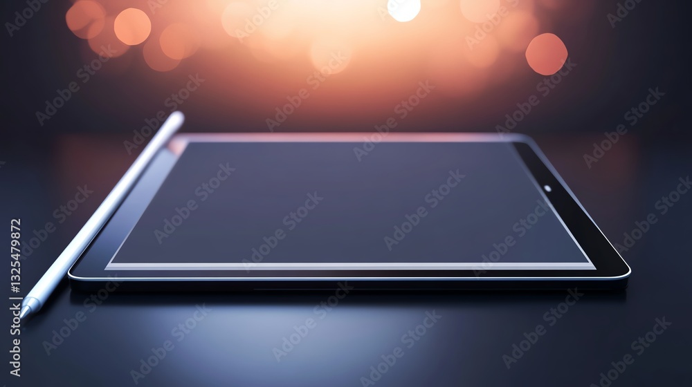 Poster a sleek tablet with a stylus rests on a dark surface, illuminated by soft bokeh lights in the backgr