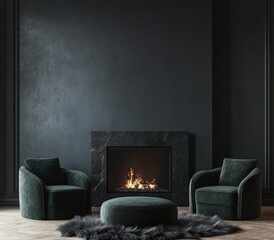 Fototapeta premium Dark living room with fireplace, armchairs, and ottoman.